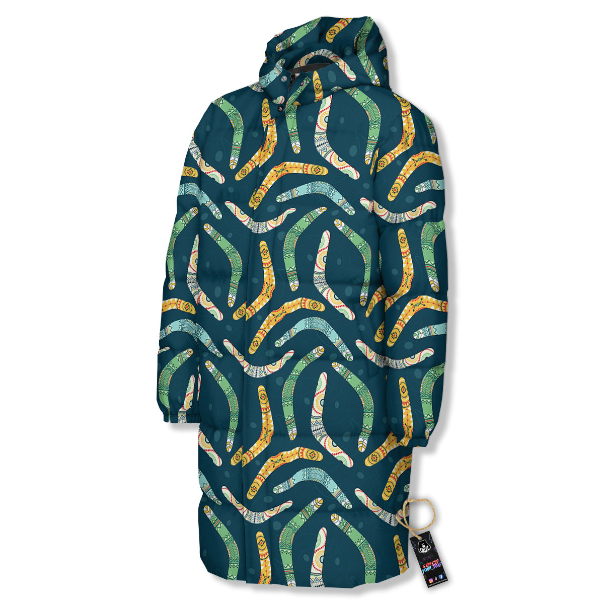 Boomerang Australian Print Pattern Long Down Jacket-grizzshop