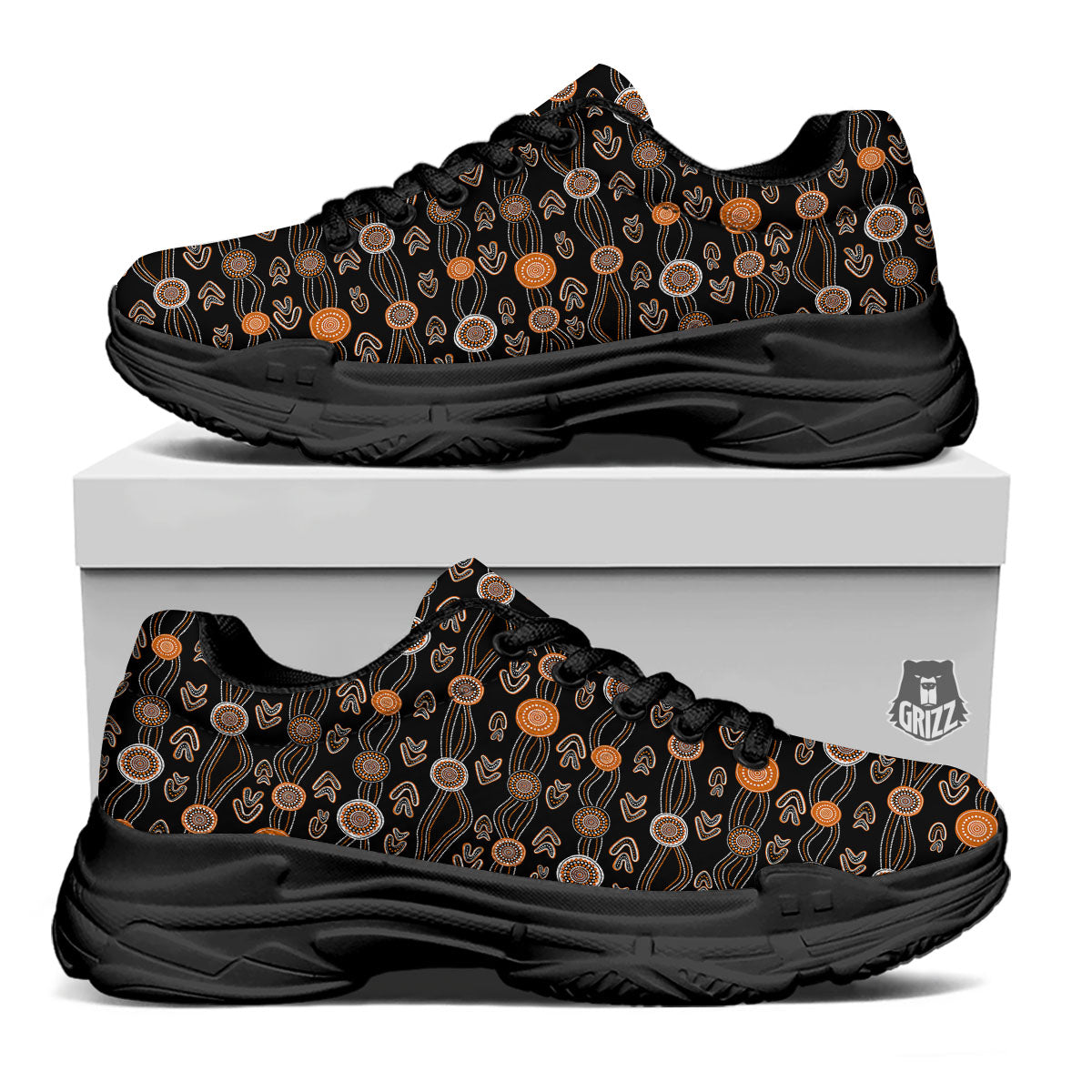 Boomerang Dot Aboriginal Print Black Chunky Shoes-grizzshop