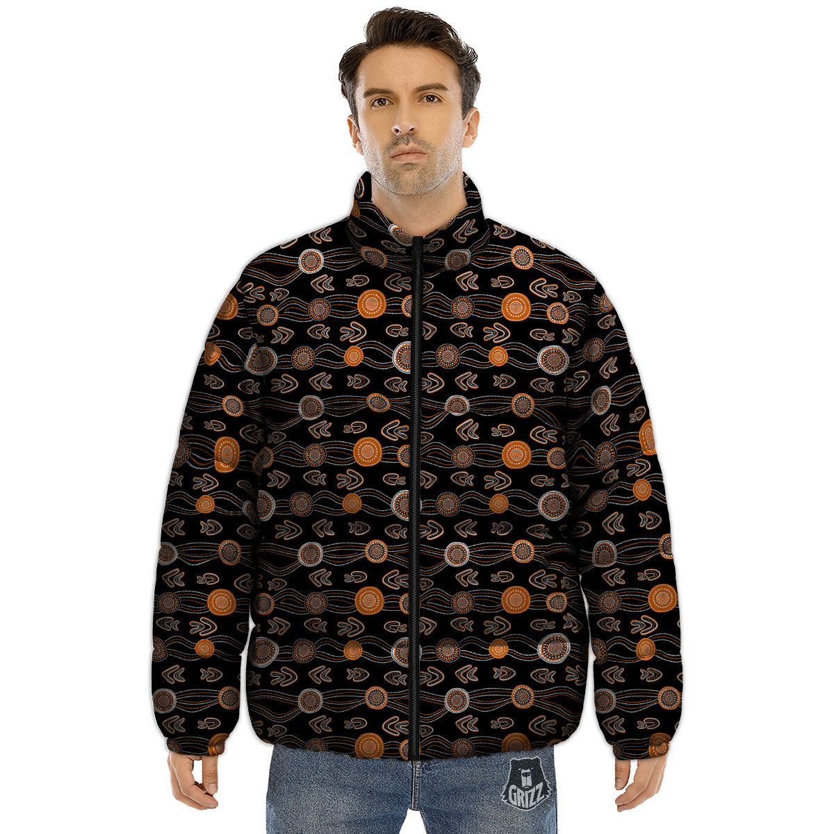 Boomerang Dot Aboriginal Print Puffer Jacket-grizzshop
