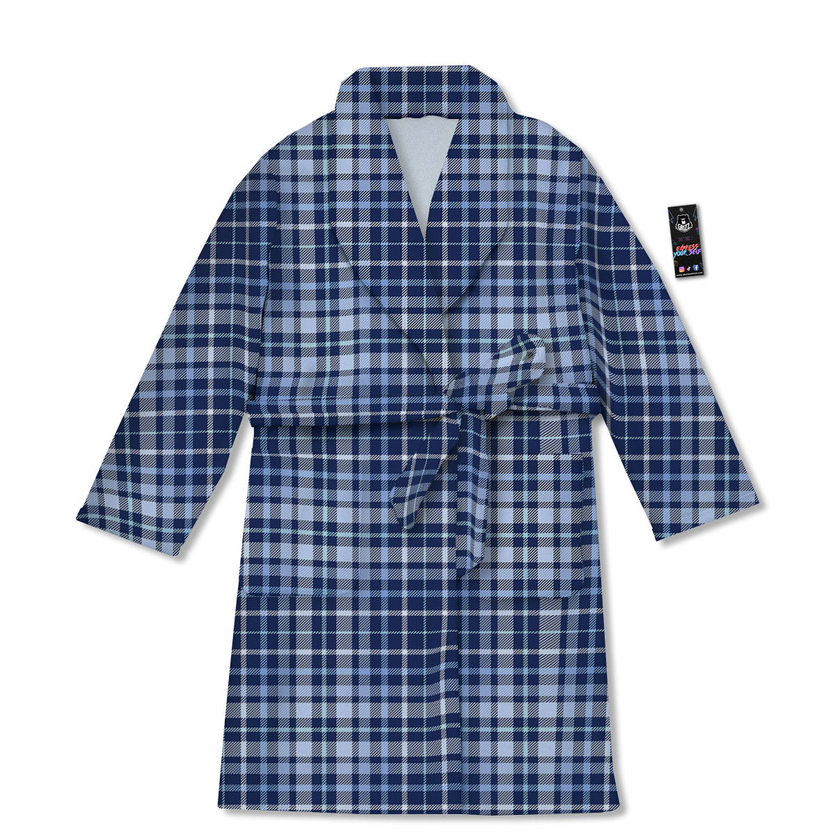 Border Tartan Blue Print Pattern Bathrobe-grizzshop