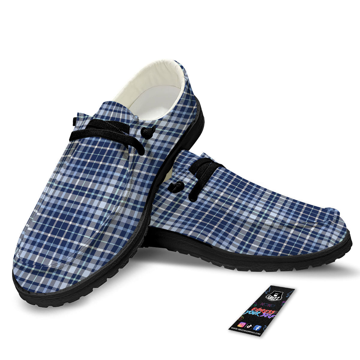 Border Tartan Blue Print Pattern Black Loafers-grizzshop