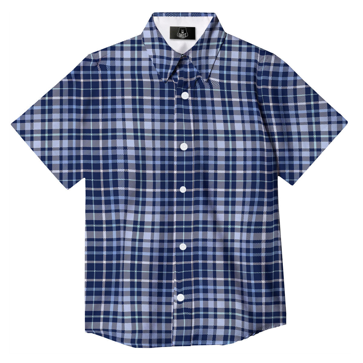 Border Tartan Blue Print Pattern Button Up Shirt-grizzshop