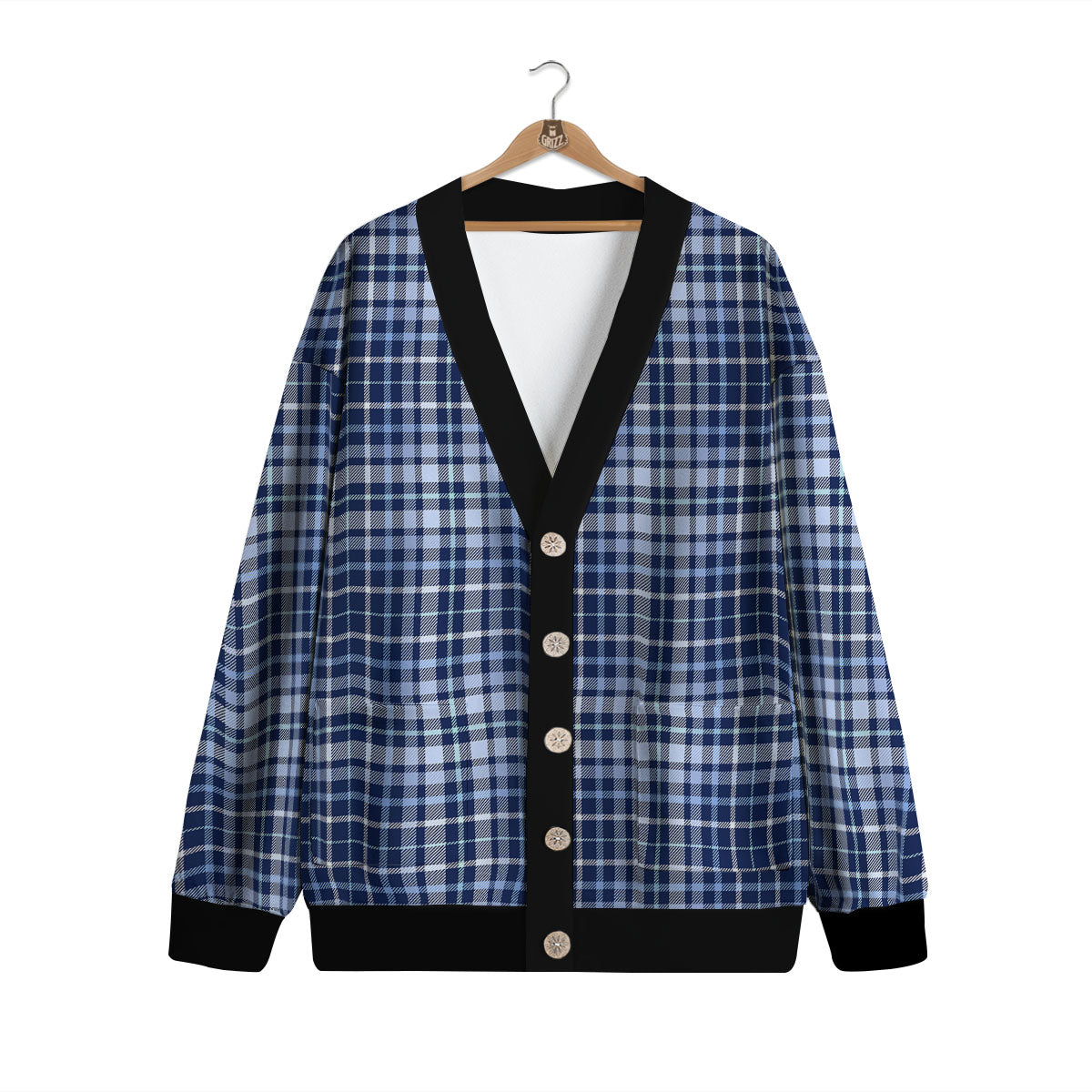 Border Tartan Blue Print Pattern Cardigan-grizzshop