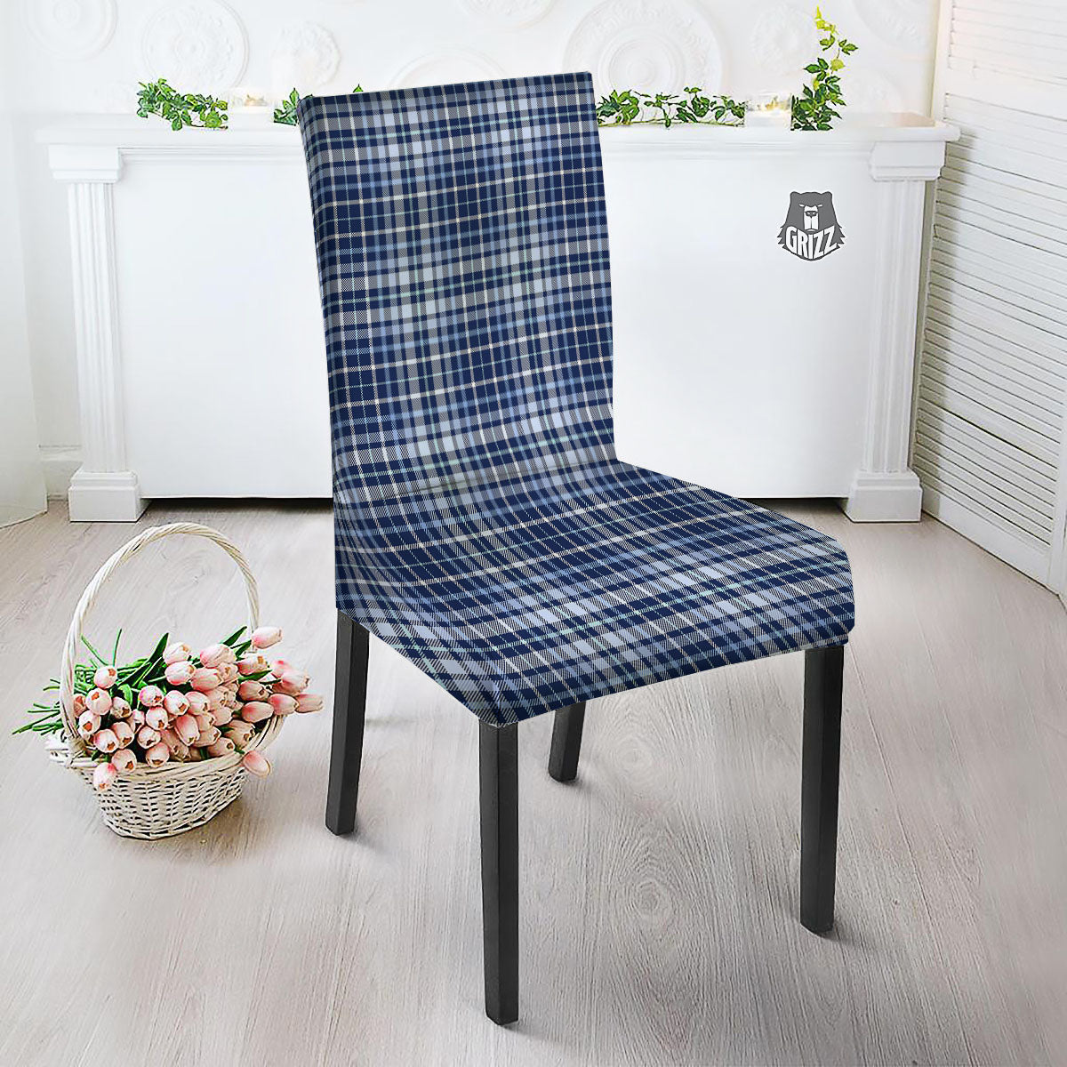 Border Tartan Blue Print Pattern Dining Chair Slipcover-grizzshop