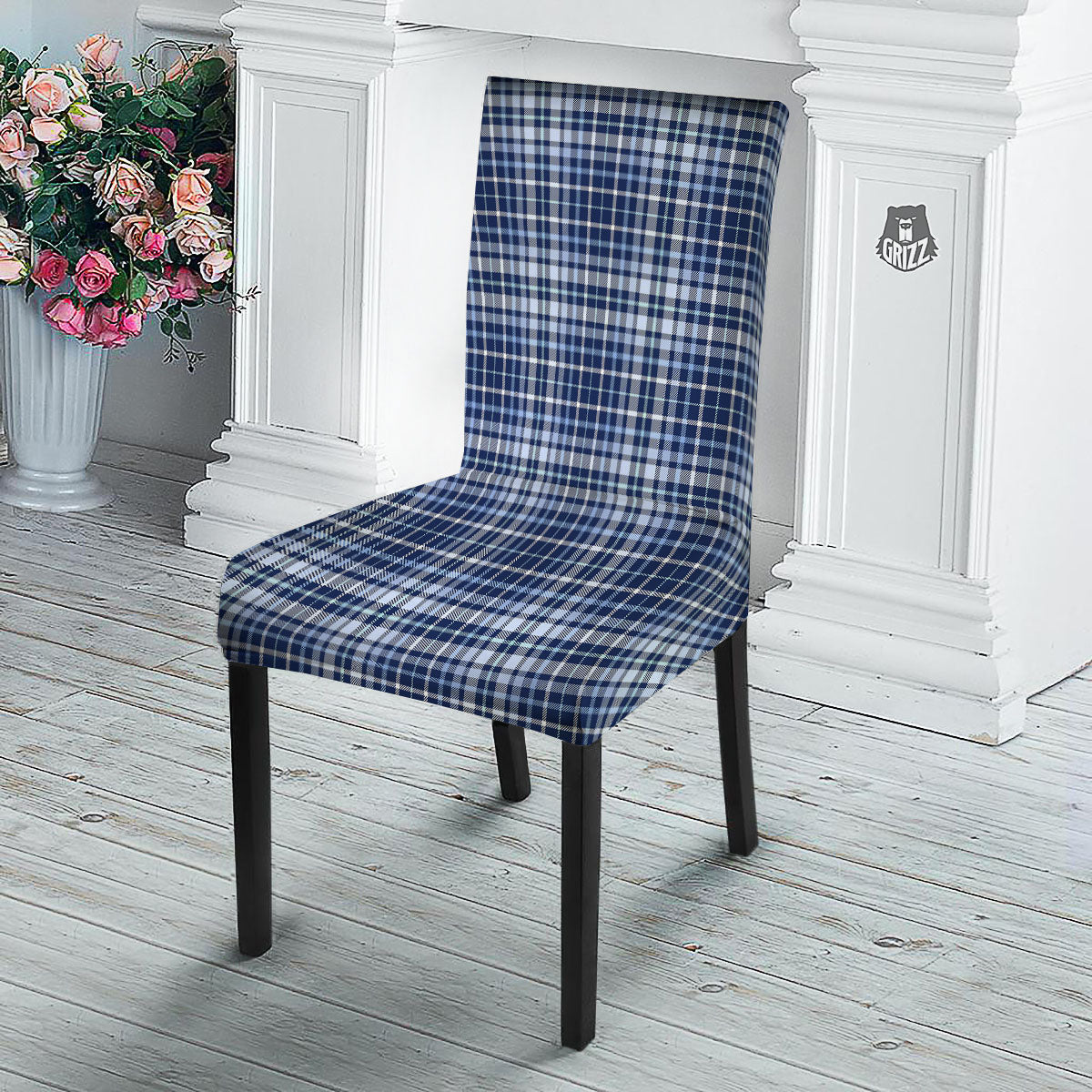 Border Tartan Blue Print Pattern Dining Chair Slipcover-grizzshop