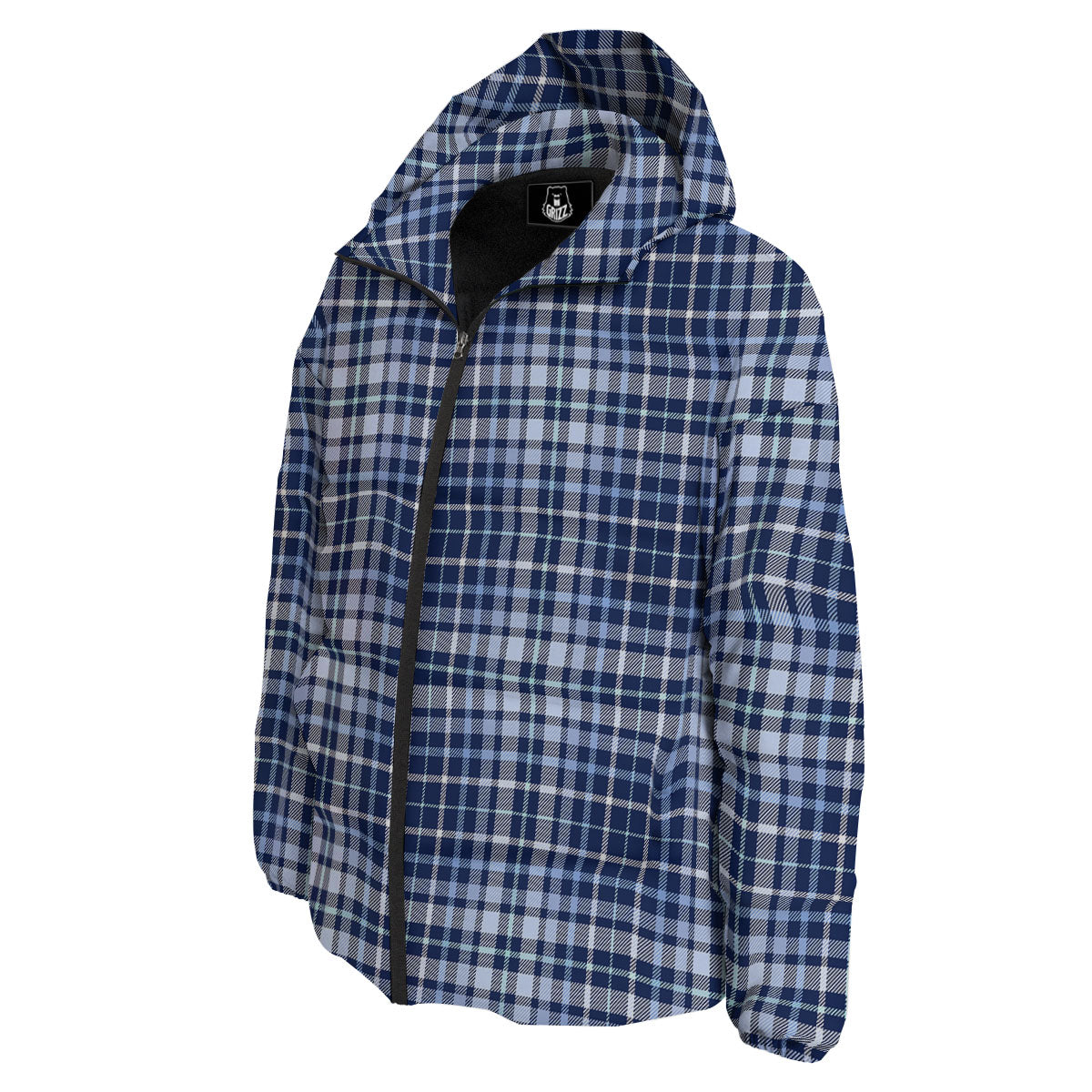 Border Tartan Blue Print Pattern Down Jacket-grizzshop
