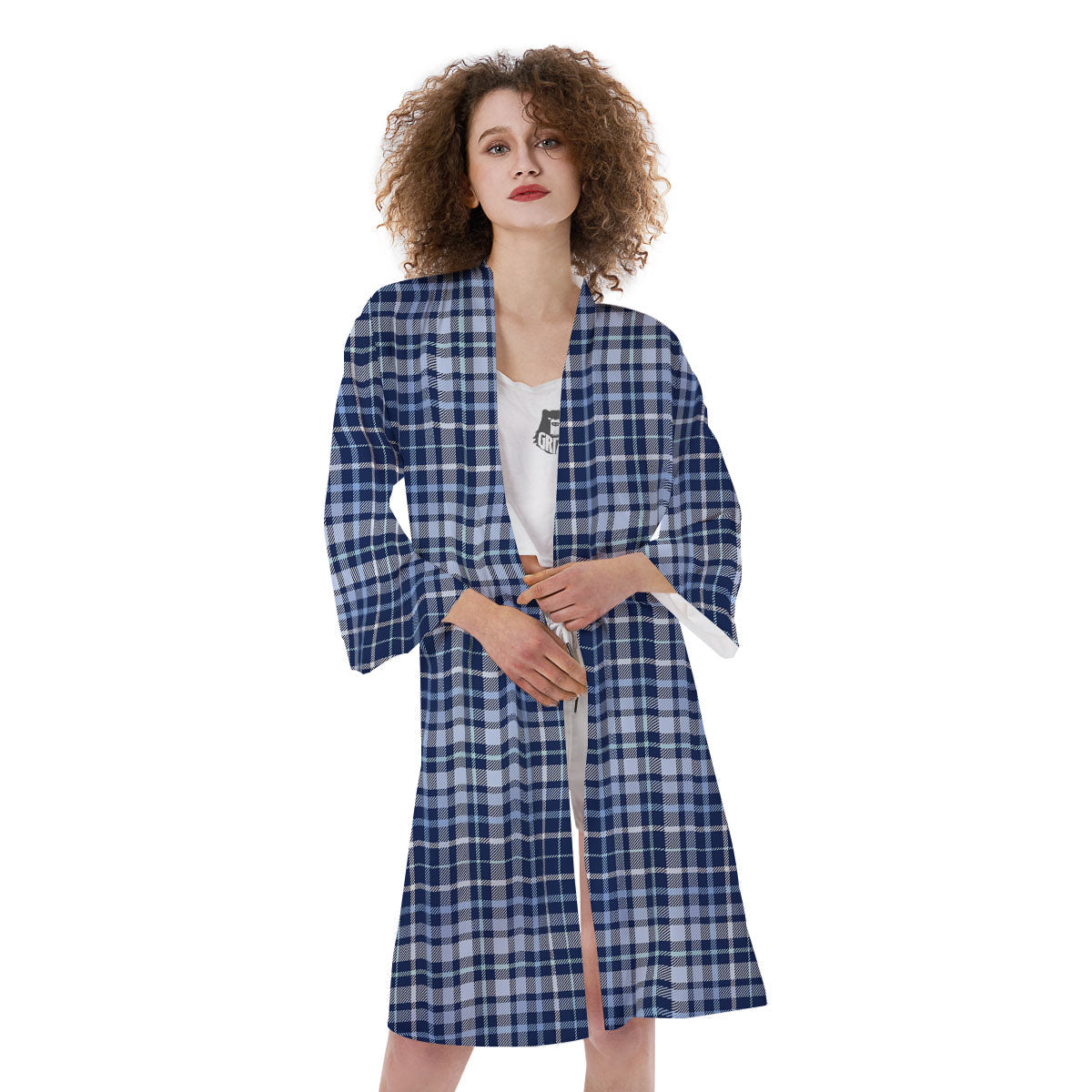 Border Tartan Blue Print Pattern Kimono-grizzshop