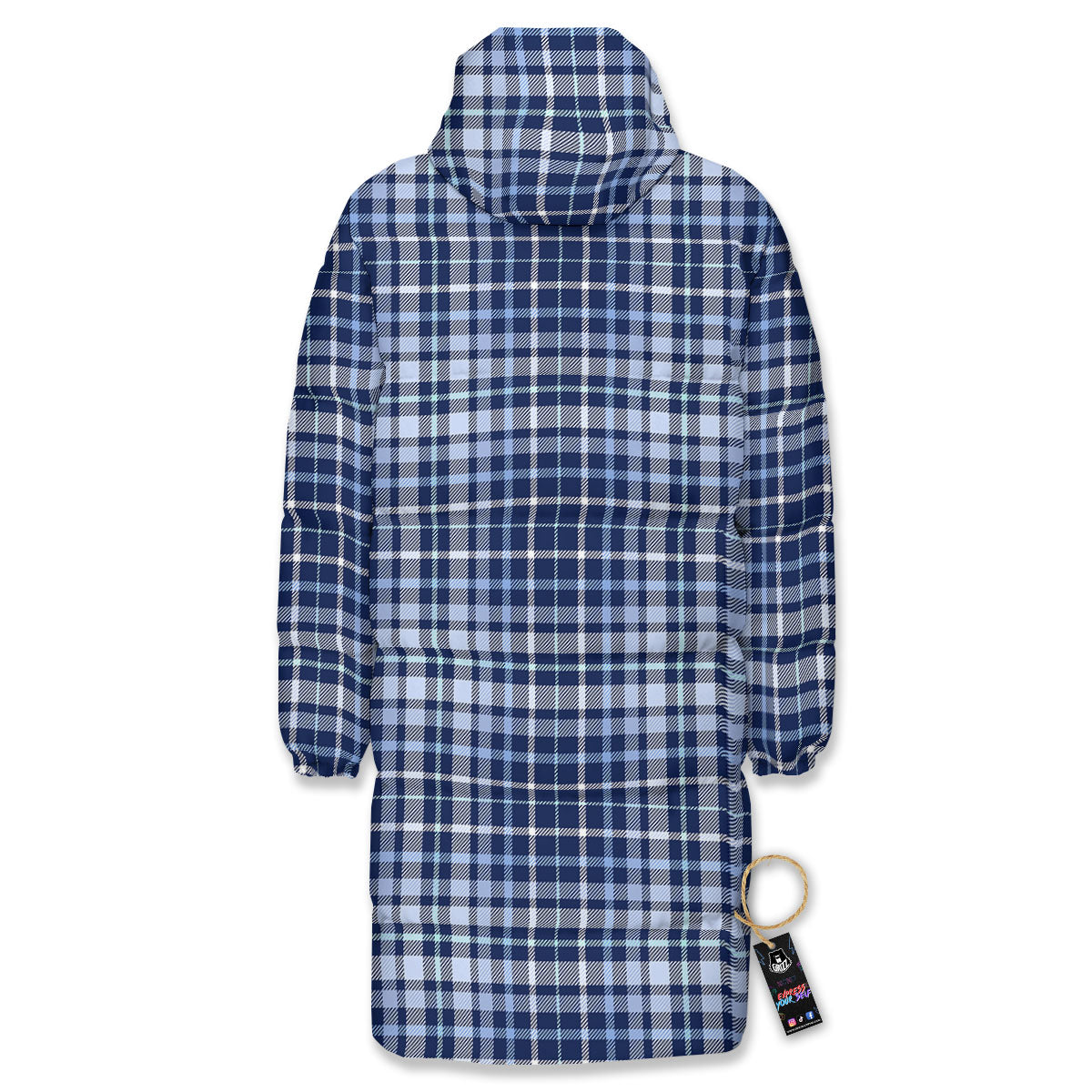 Border Tartan Blue Print Pattern Long Down Jacket-grizzshop