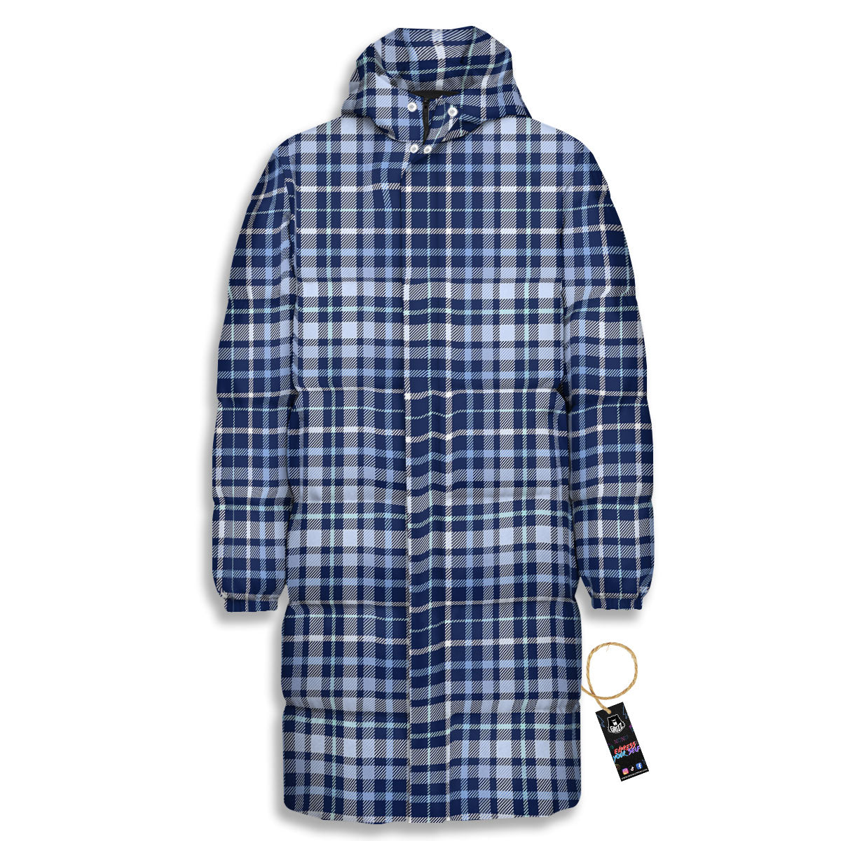 Border Tartan Blue Print Pattern Long Down Jacket-grizzshop
