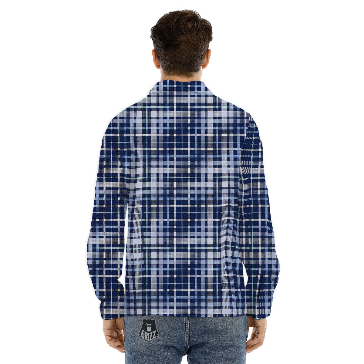 Border Tartan Blue Print Pattern Men's Dress Shirts-grizzshop