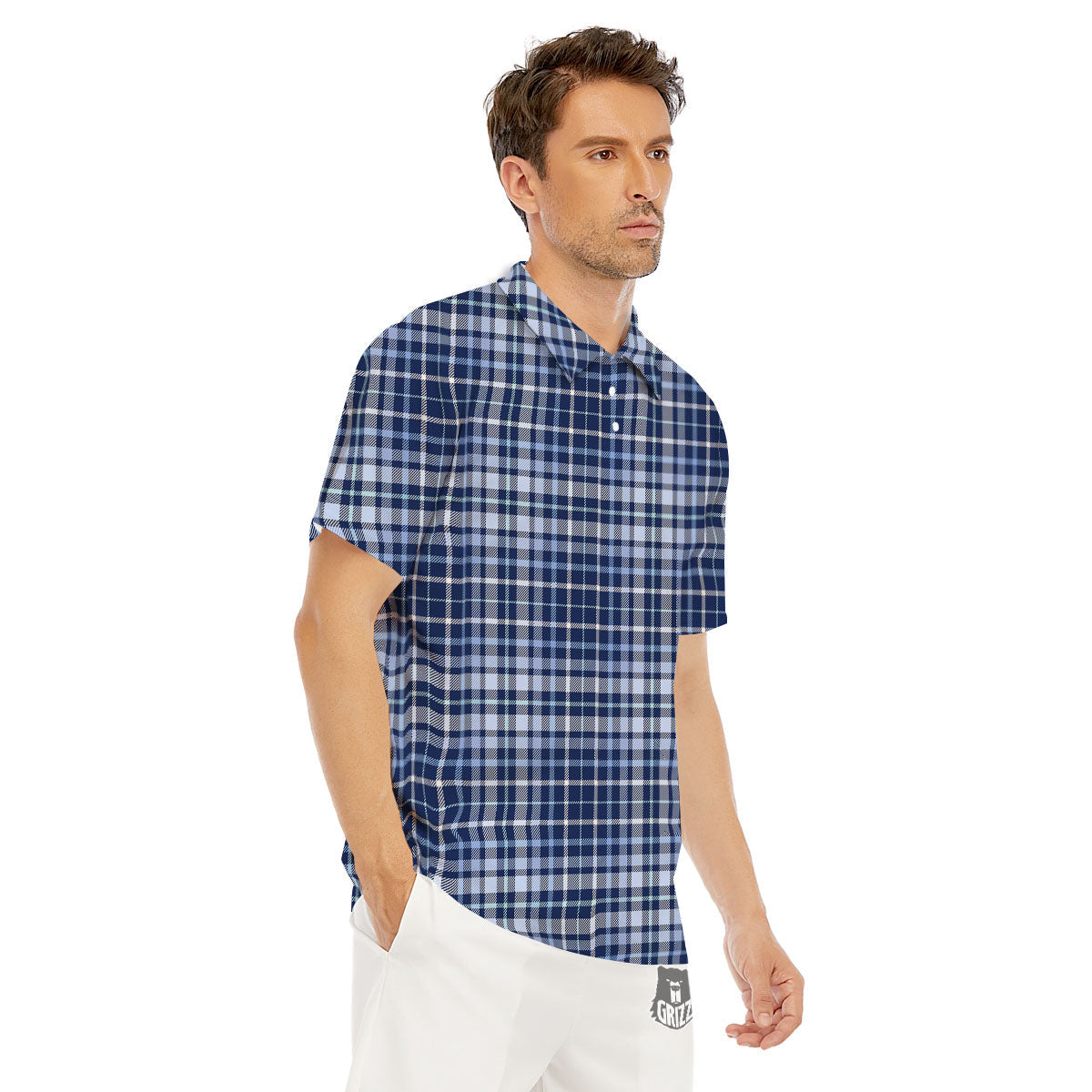 Border Tartan Blue Print Pattern Men's Golf Shirts-grizzshop