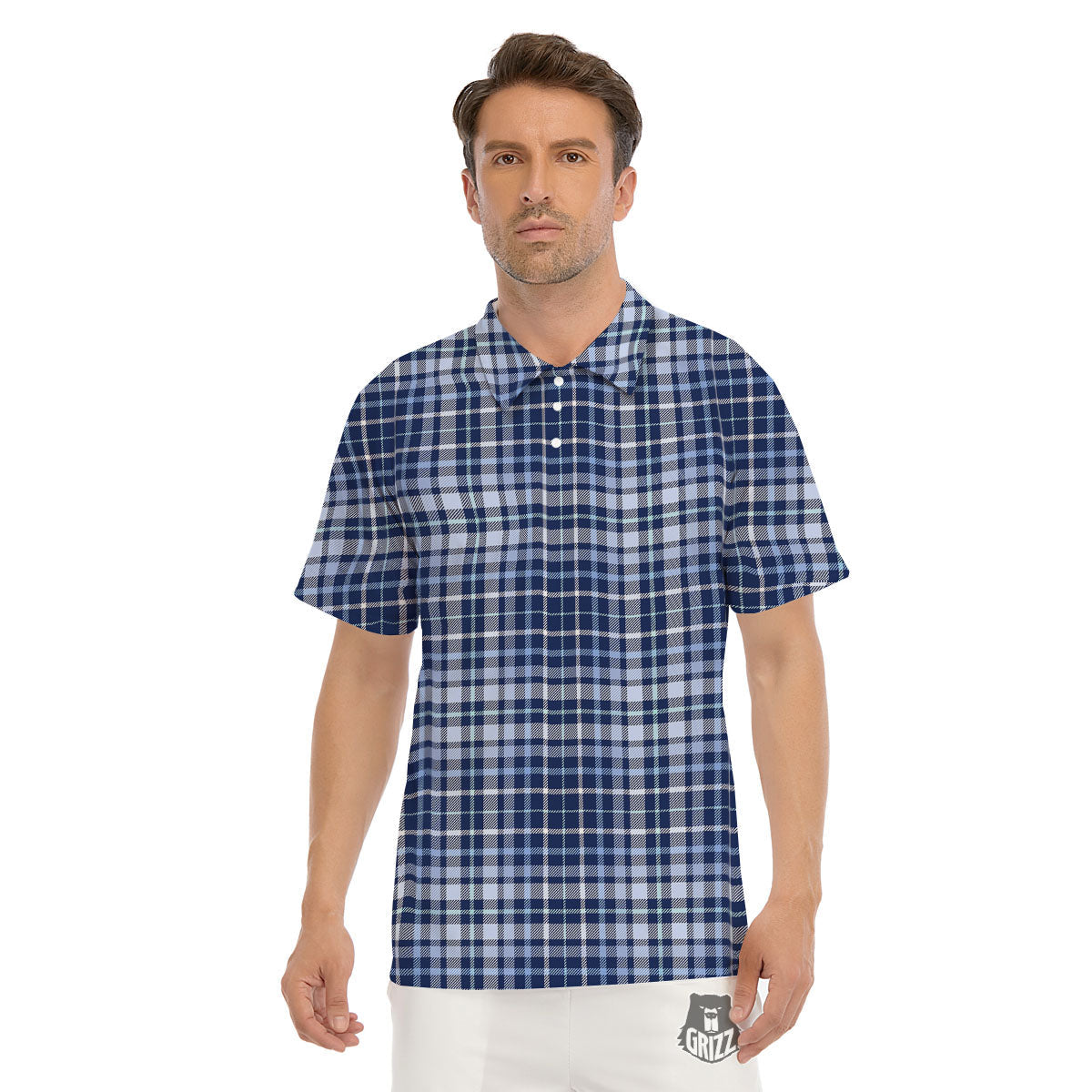 Border Tartan Blue Print Pattern Men's Golf Shirts-grizzshop