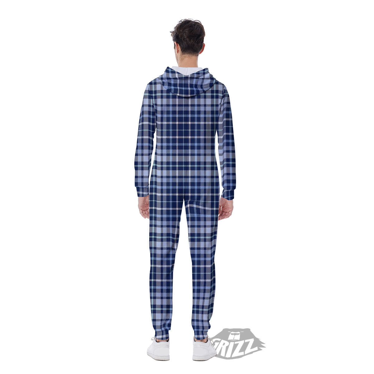 Border Tartan Blue Print Pattern Men's Jumpsuit-grizzshop