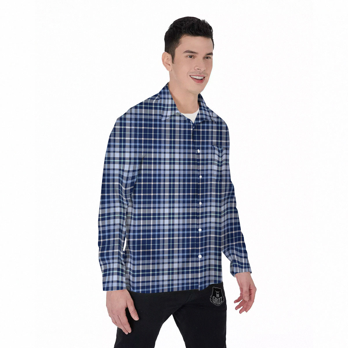 Border Tartan Blue Print Pattern Men's Long Sleeve Shirts-grizzshop
