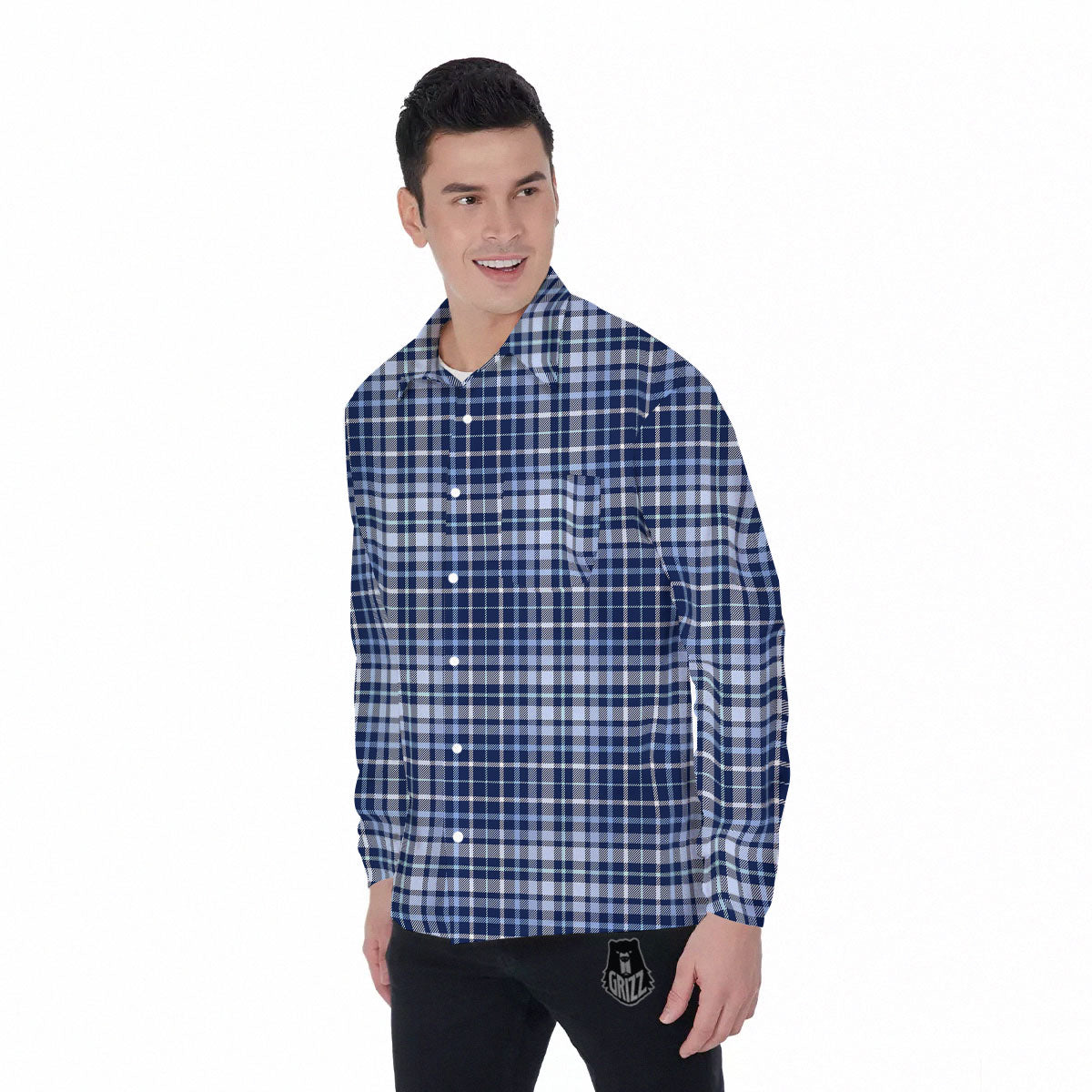 Border Tartan Blue Print Pattern Men's Long Sleeve Shirts-grizzshop