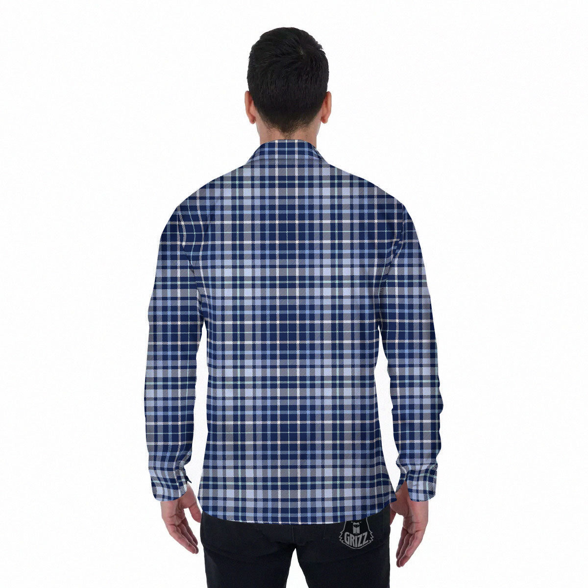 Border Tartan Blue Print Pattern Men's Long Sleeve Shirts-grizzshop