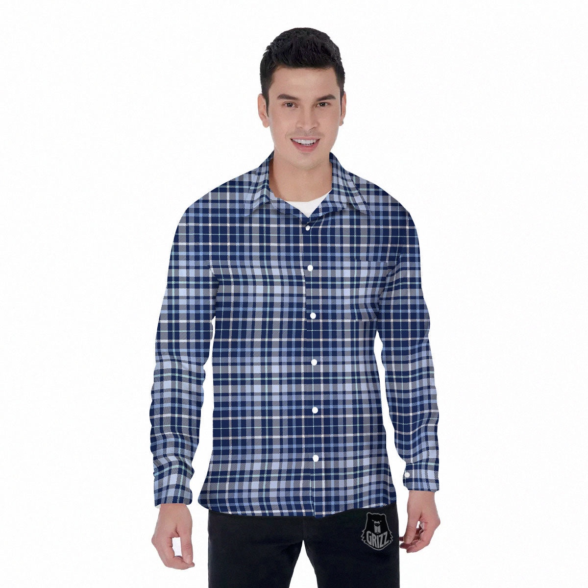 Border Tartan Blue Print Pattern Men's Long Sleeve Shirts-grizzshop