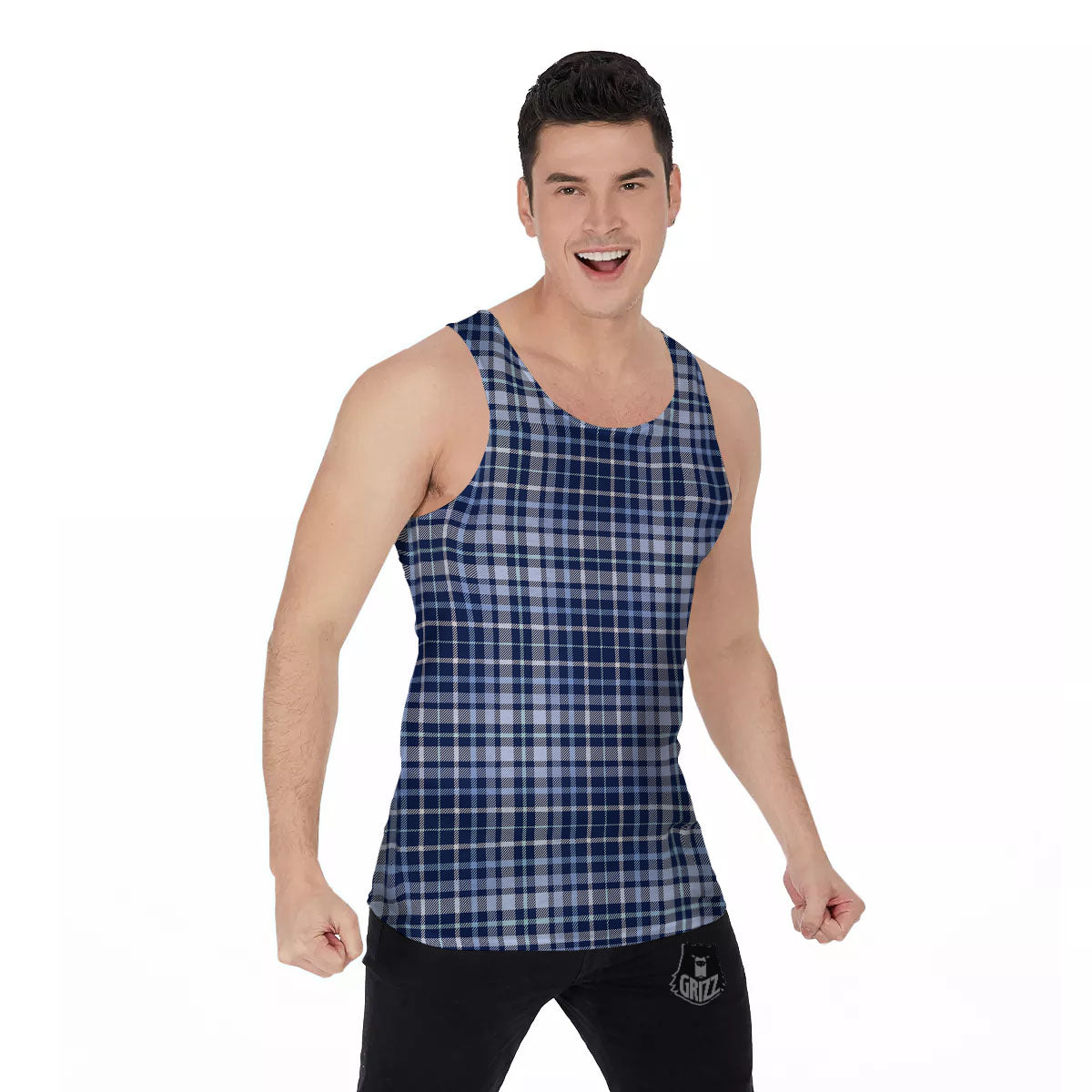 Border Tartan Blue Print Pattern Men's Tank Top-grizzshop