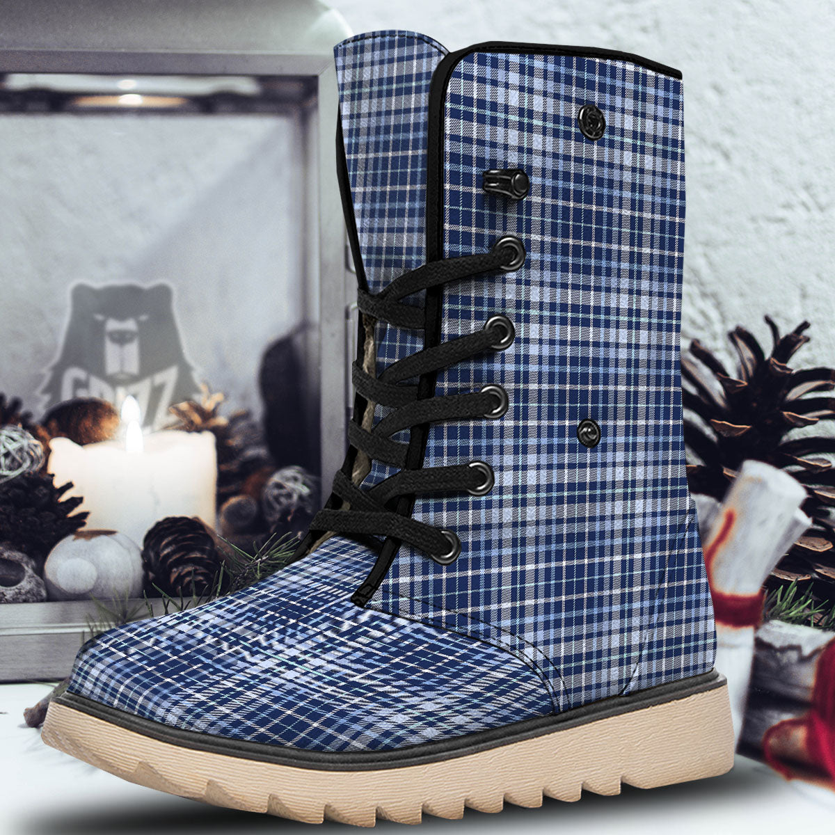 Border Tartan Blue Print Pattern Snow Boots-grizzshop