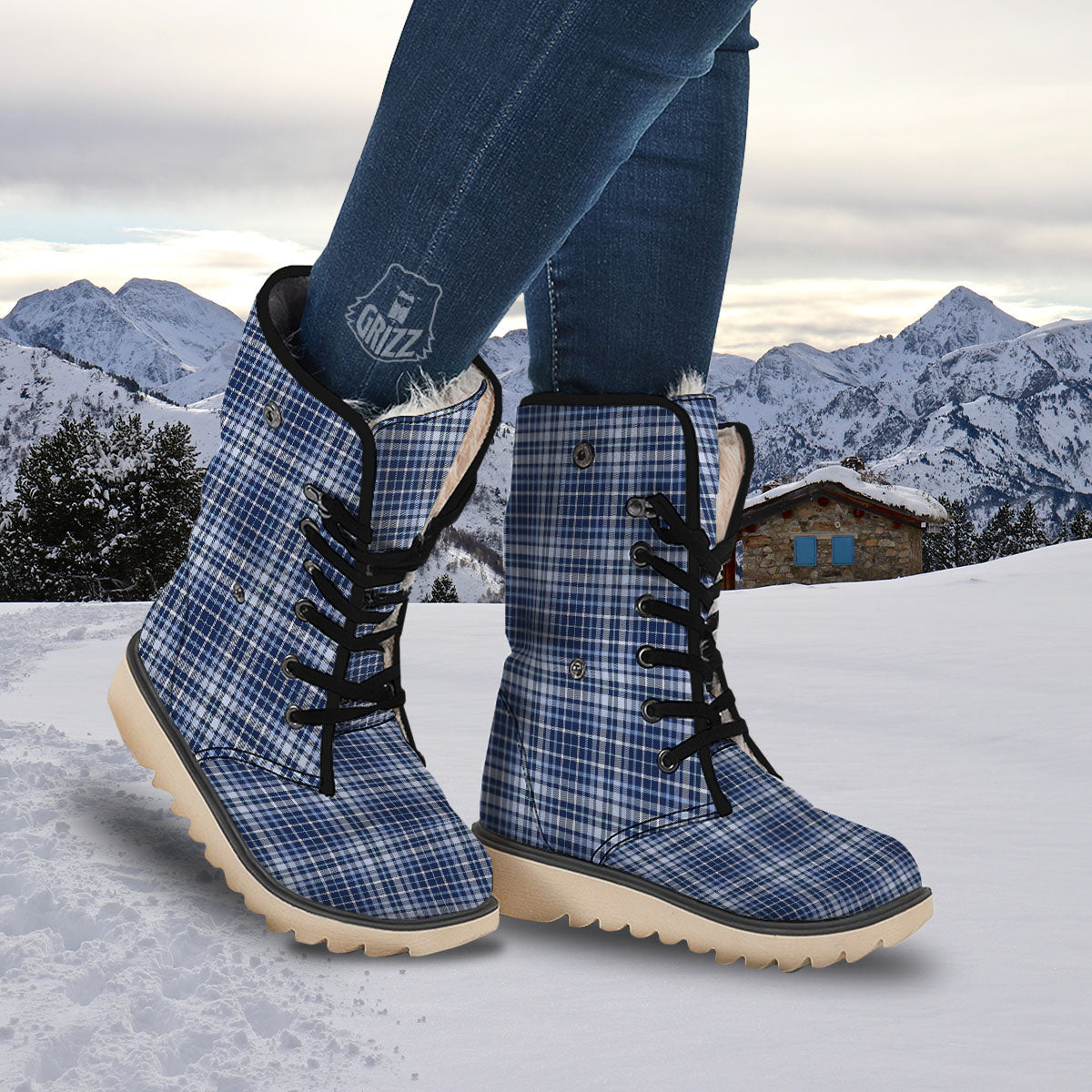 Border Tartan Blue Print Pattern Snow Boots-grizzshop