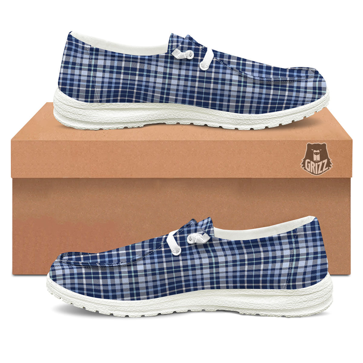 Border Tartan Blue Print Pattern White Loafers-grizzshop