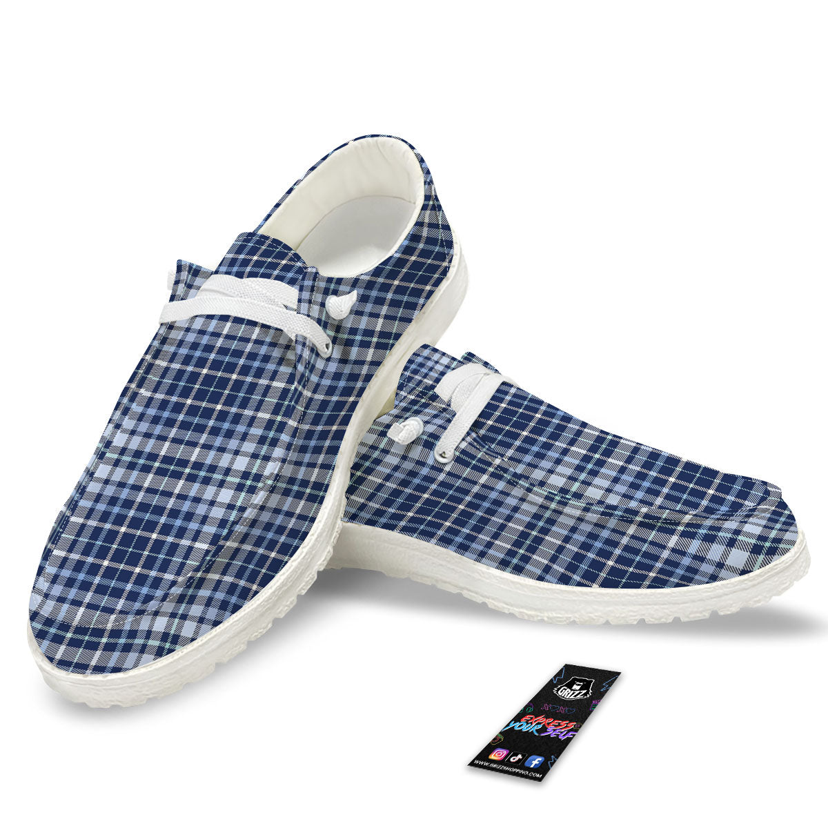 Border Tartan Blue Print Pattern White Loafers-grizzshop