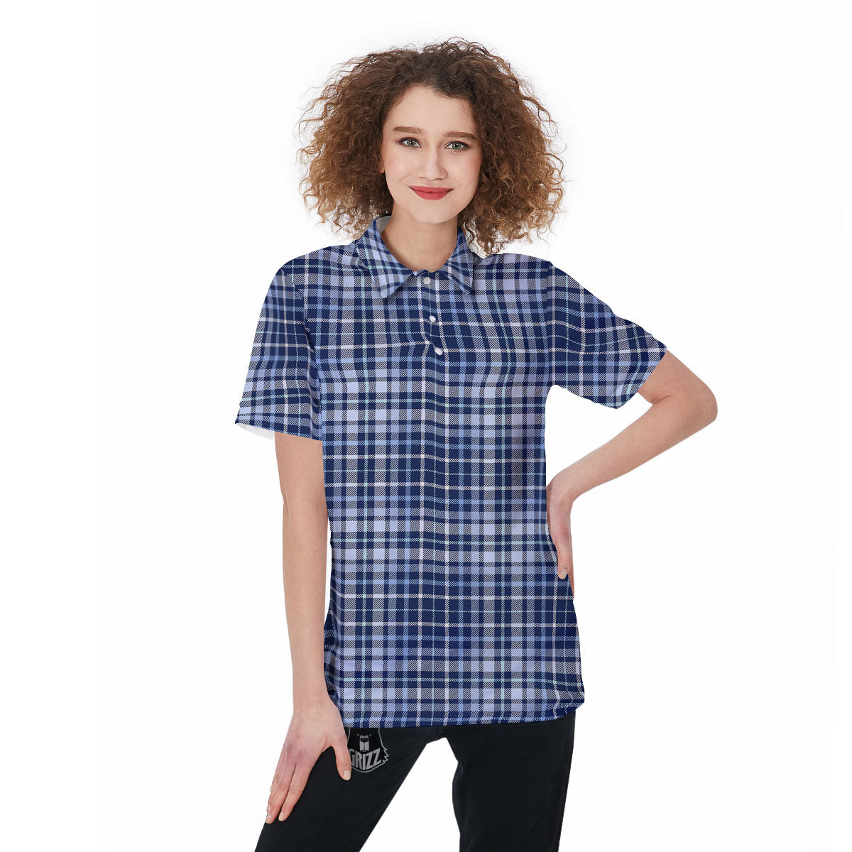Border Tartan Blue Print Pattern Women's Golf Shirts-grizzshop