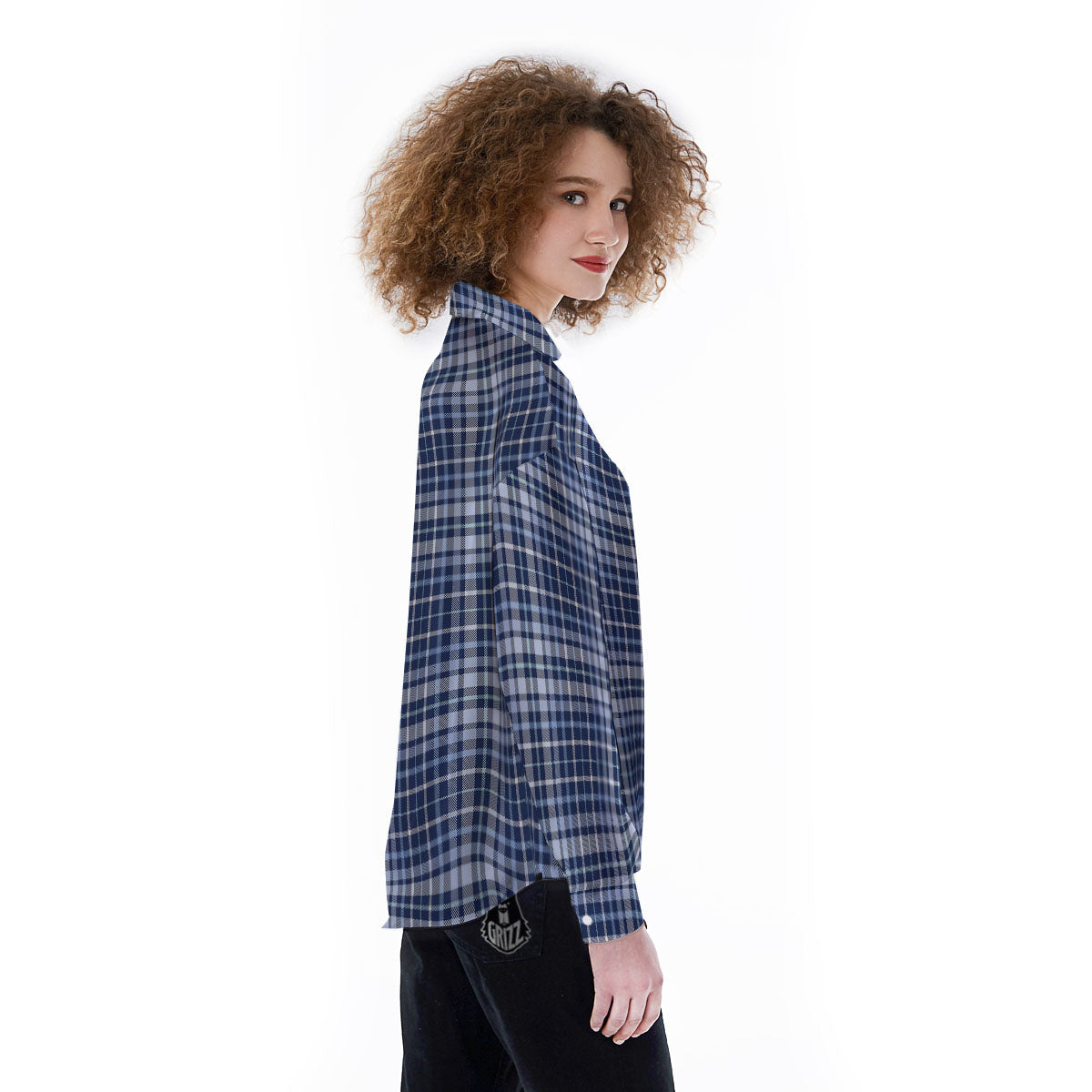 Border Tartan Blue Print Pattern Women's Long Sleeve Shirts-grizzshop