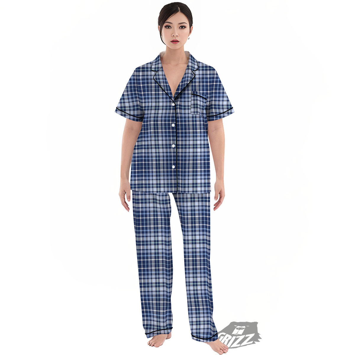 Border Tartan Blue Print Pattern Women's Pajamas Set-grizzshop