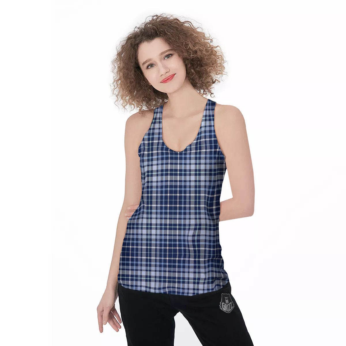 Border Tartan Blue Print Pattern Women's Racerback Tank Top-grizzshop