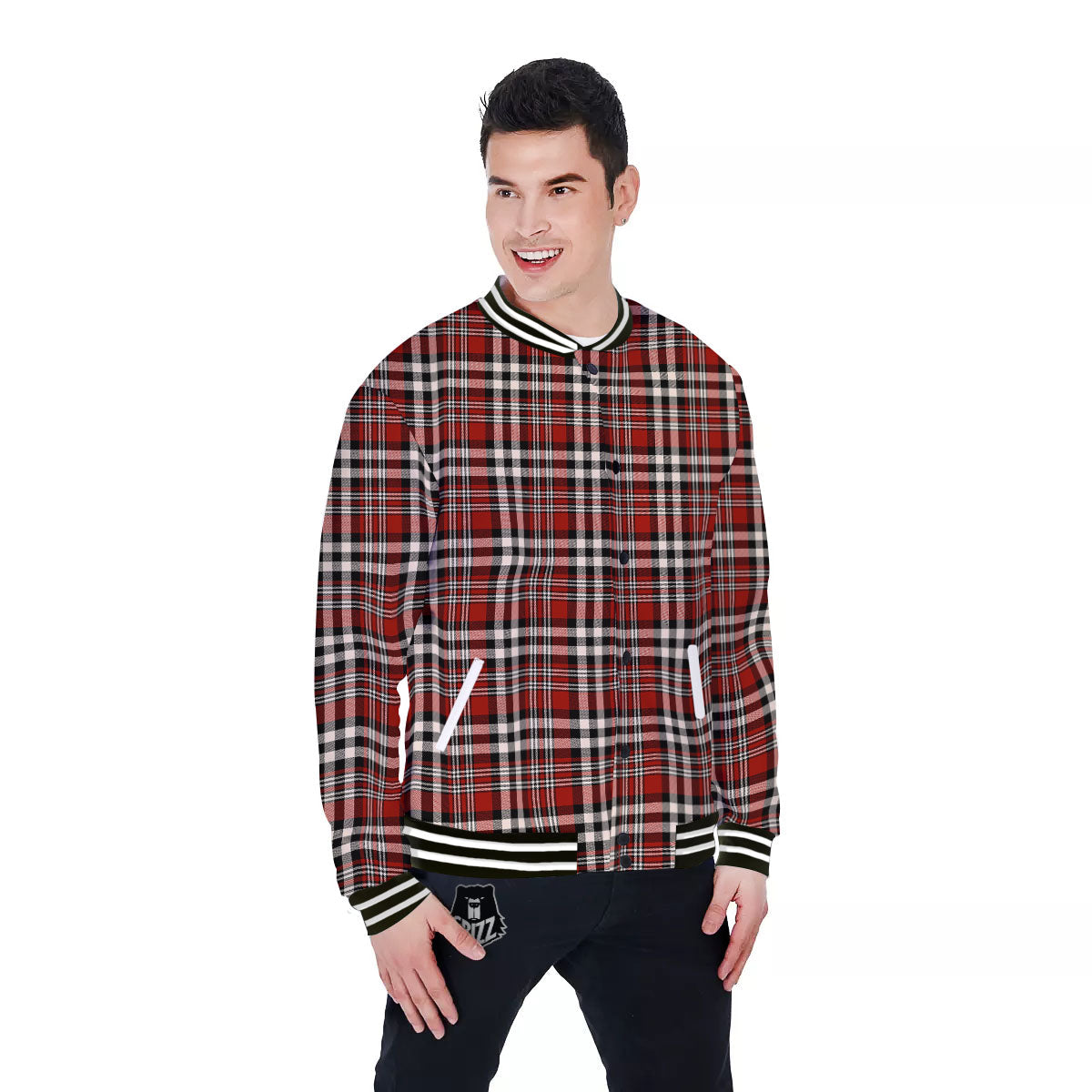 Border Tartan Red Black And White Print Pattern Baseball Jacket-grizzshop