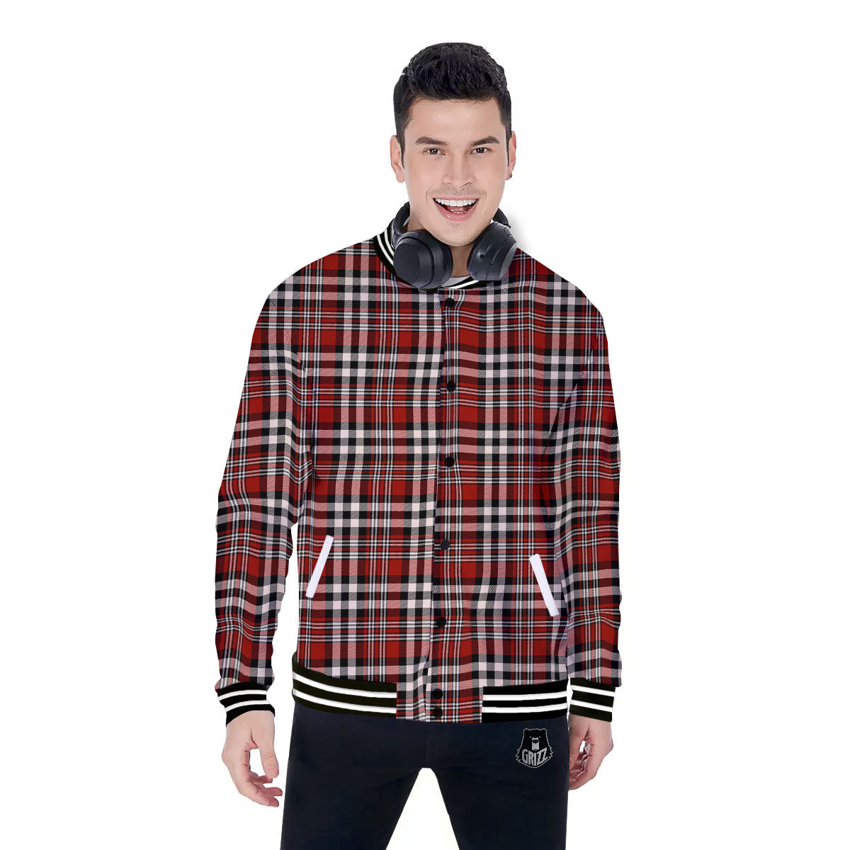 Border Tartan Red Black And White Print Pattern Baseball Jacket-grizzshop
