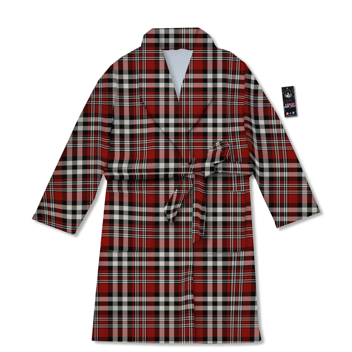 Border Tartan Red Black And White Print Pattern Bathrobe-grizzshop