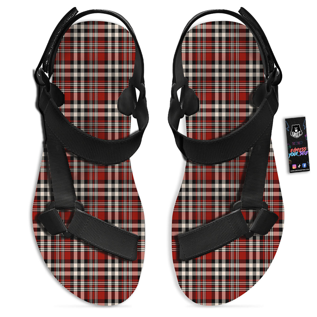Border Tartan Red Black And White Print Pattern Black Open Toe Sandals-grizzshop