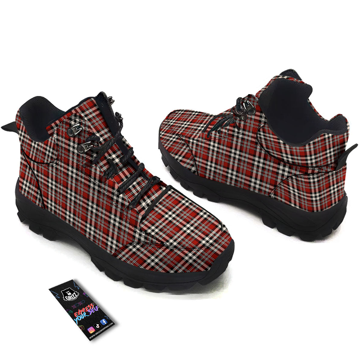 Border Tartan Red Black And White Print Pattern Hiking Shoes-grizzshop