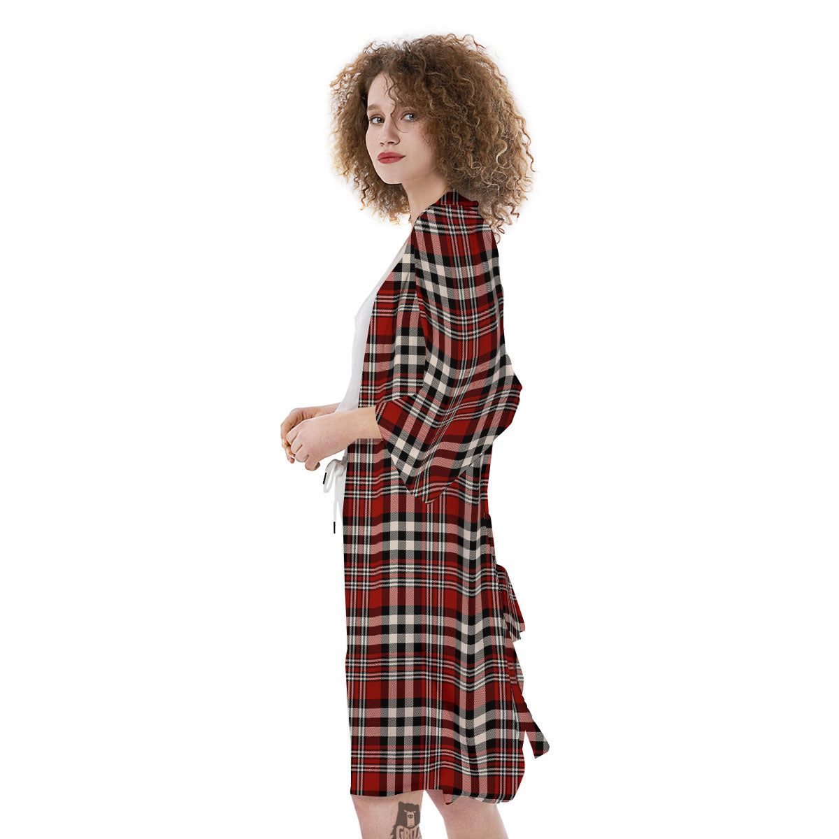 Border Tartan Red Black And White Print Pattern Kimono-grizzshop