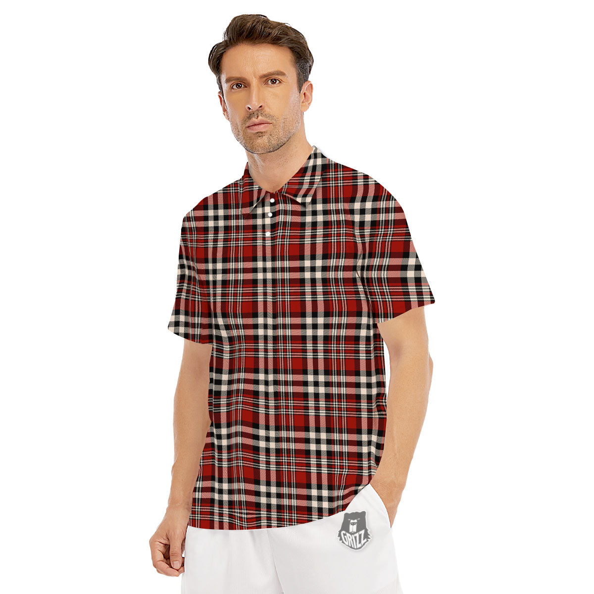 Border Tartan Red Black And White Print Pattern Men's Golf Shirts-grizzshop