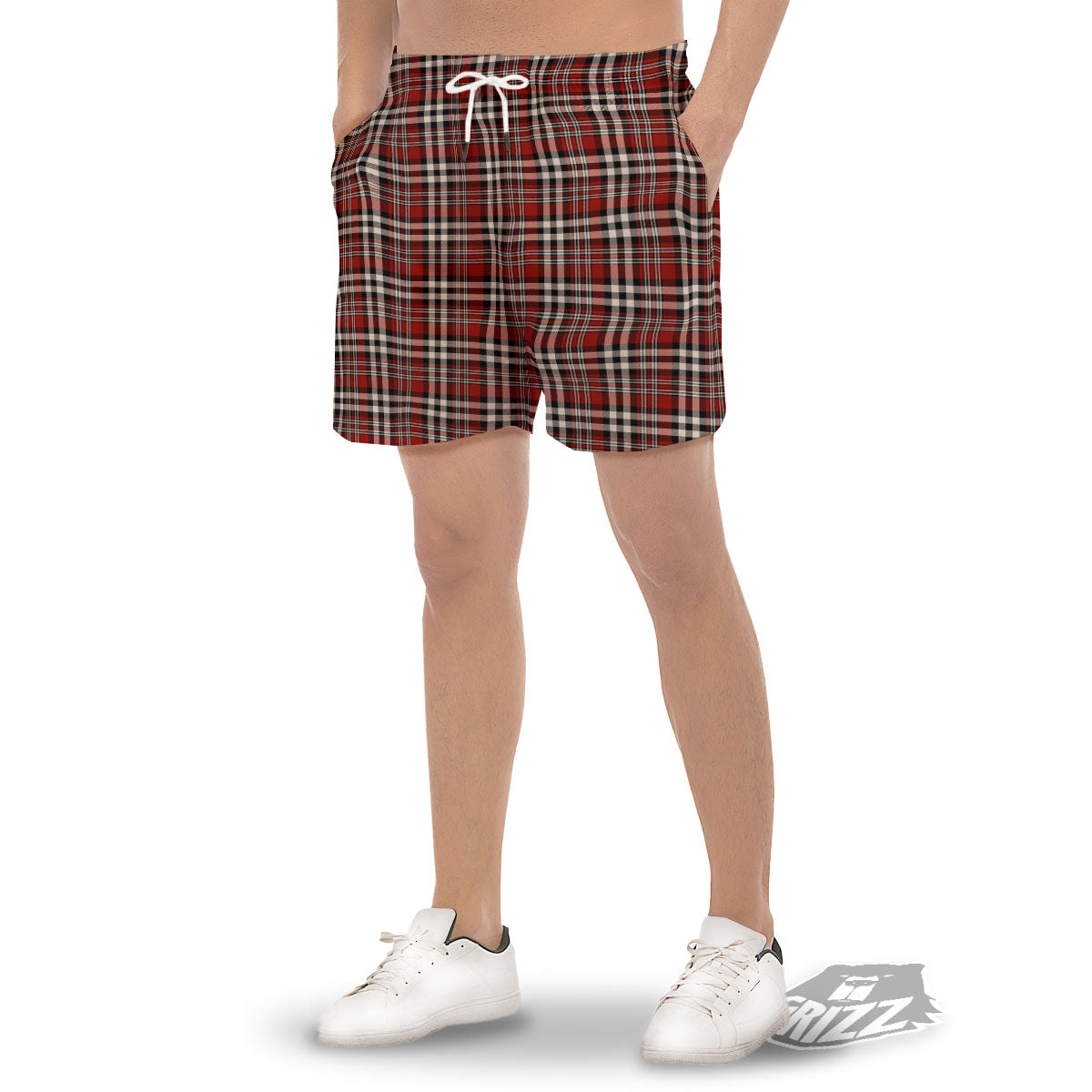 Border Tartan Red Black And White Print Pattern Men's Gym Shorts-grizzshop