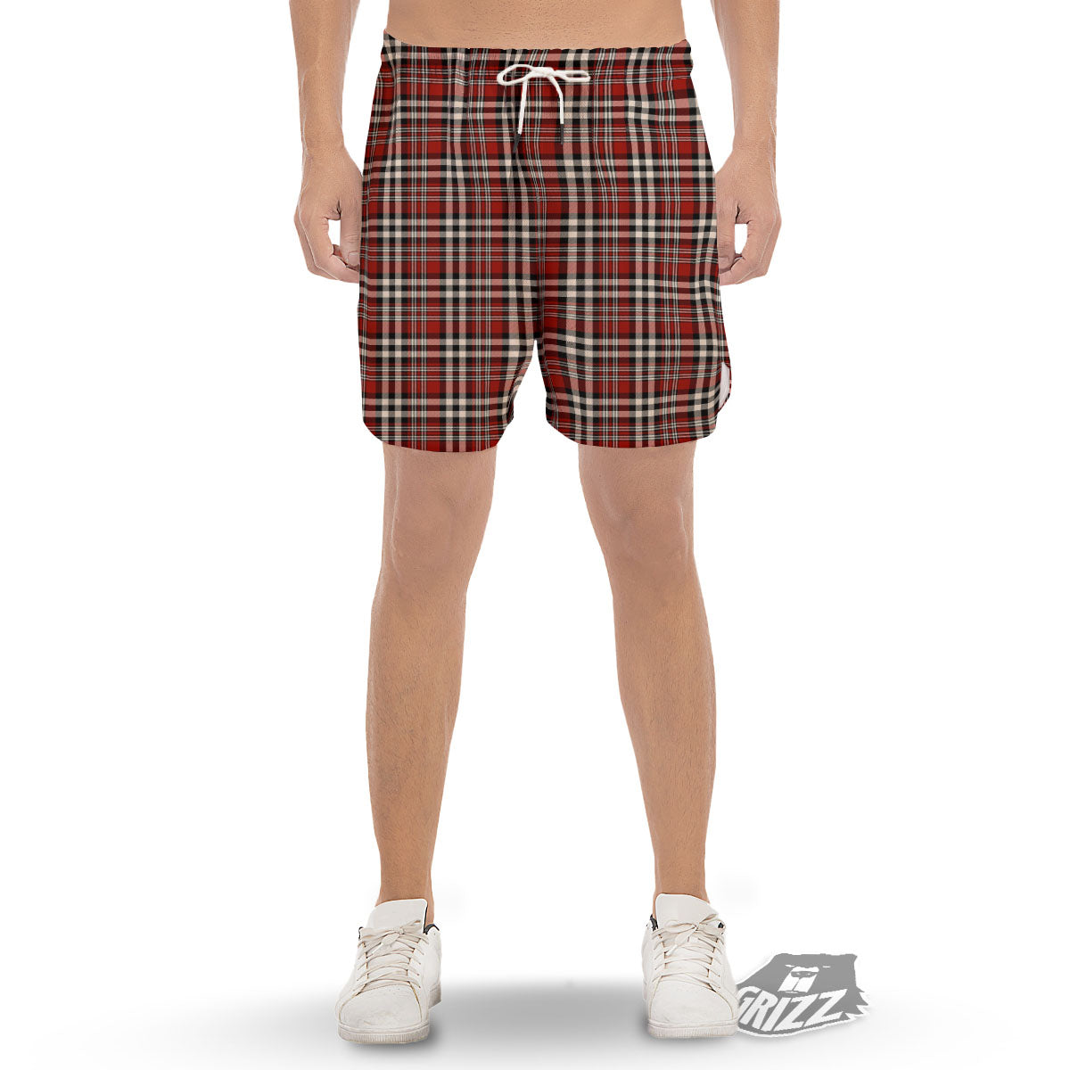 Border Tartan Red Black And White Print Pattern Men's Gym Shorts-grizzshop