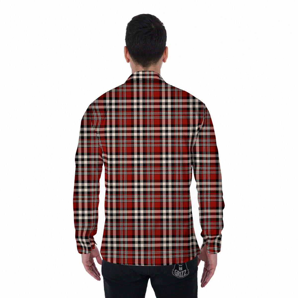 Border Tartan Red Black And White Print Pattern Men's Long Sleeve Shirts-grizzshop