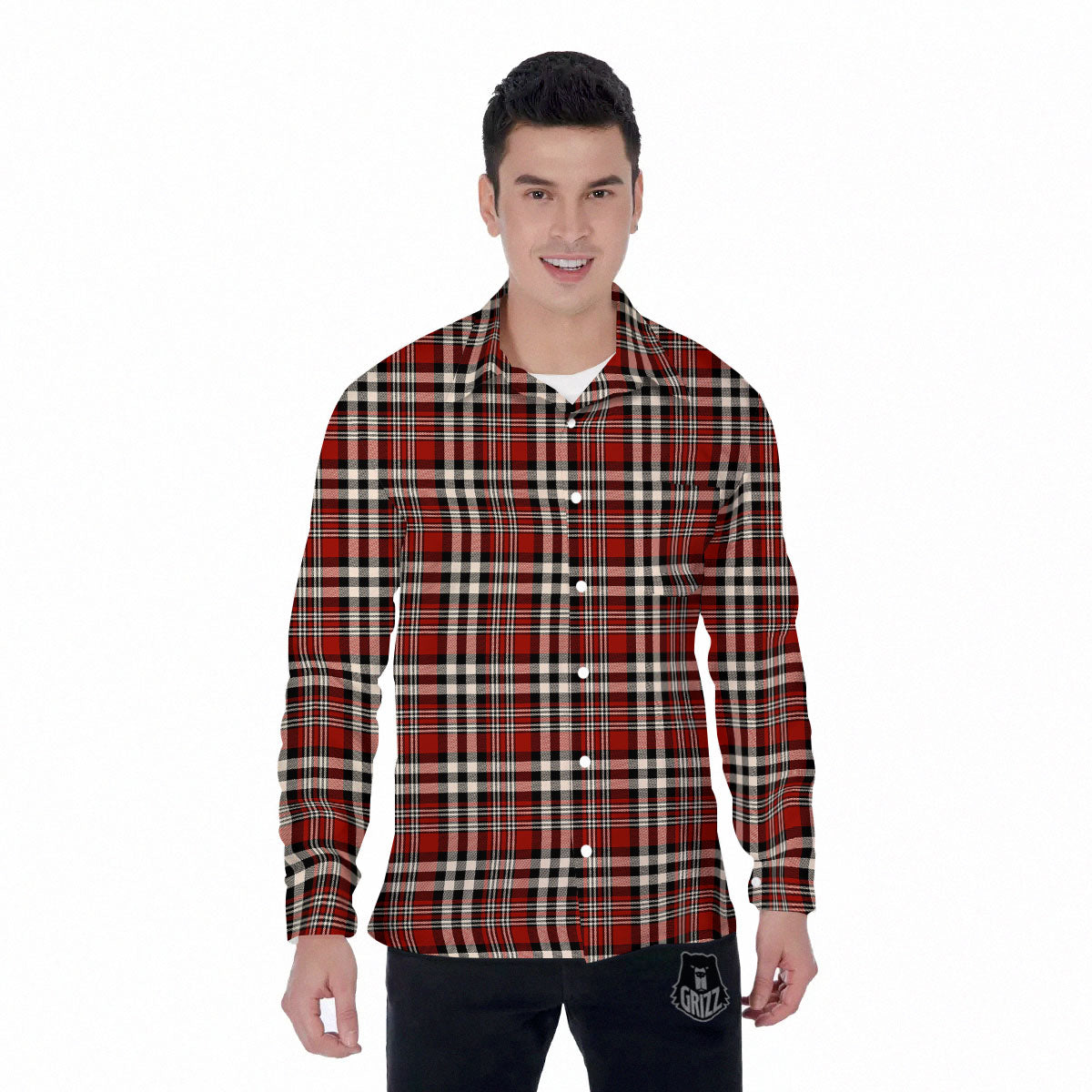 Border Tartan Red Black And White Print Pattern Men's Long Sleeve Shirts-grizzshop