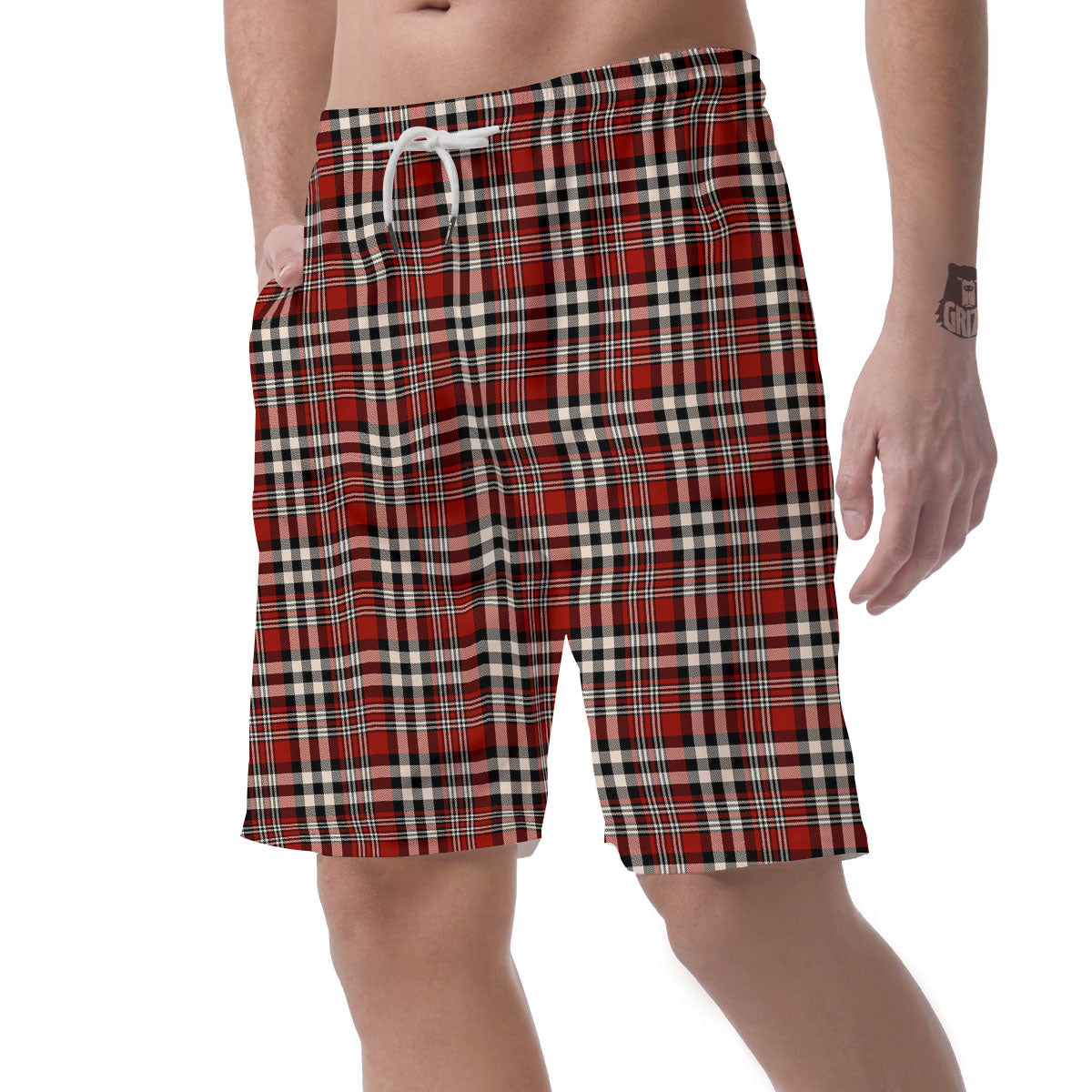 Border Tartan Red Black And White Print Pattern Men's Shorts-grizzshop