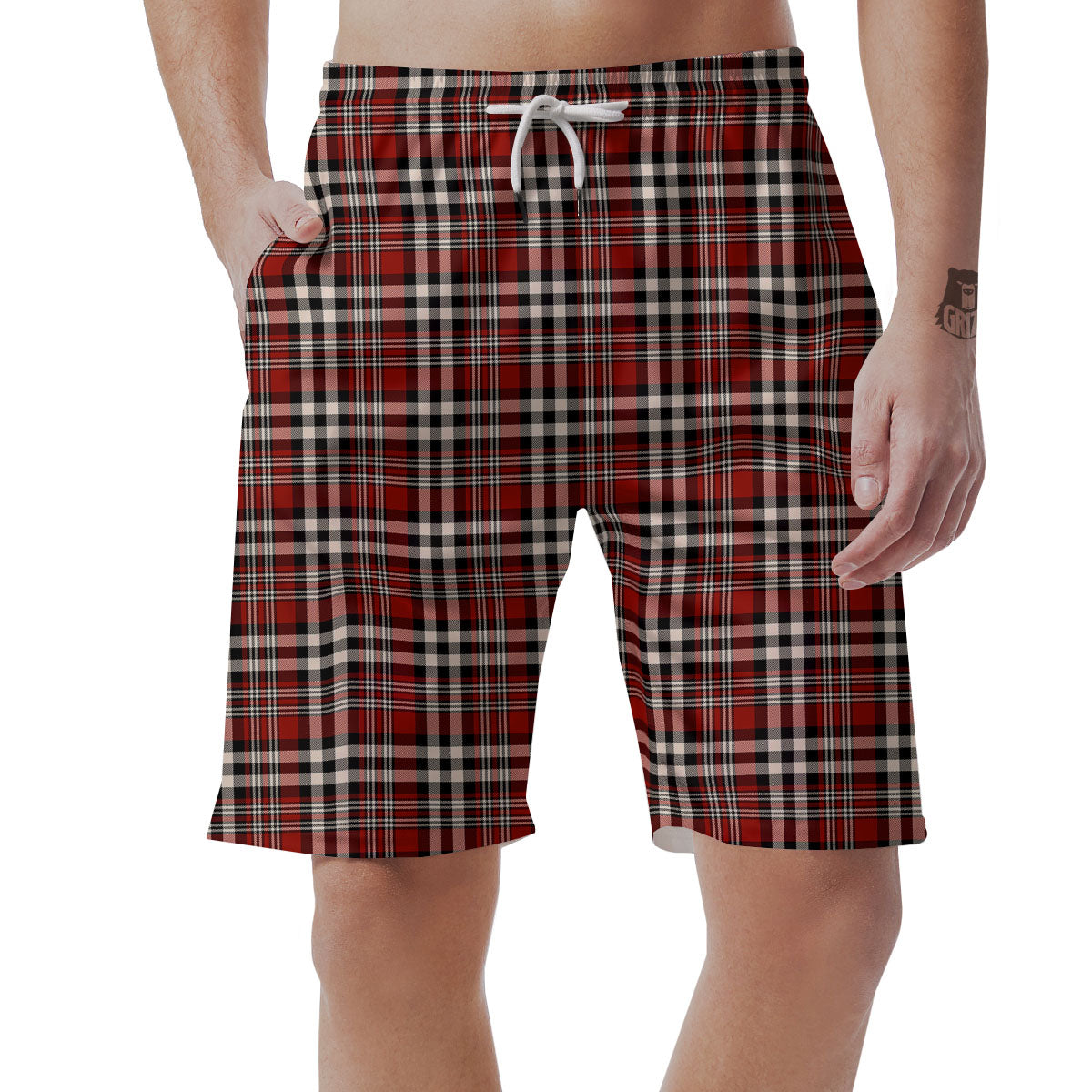 Border Tartan Red Black And White Print Pattern Men's Shorts-grizzshop