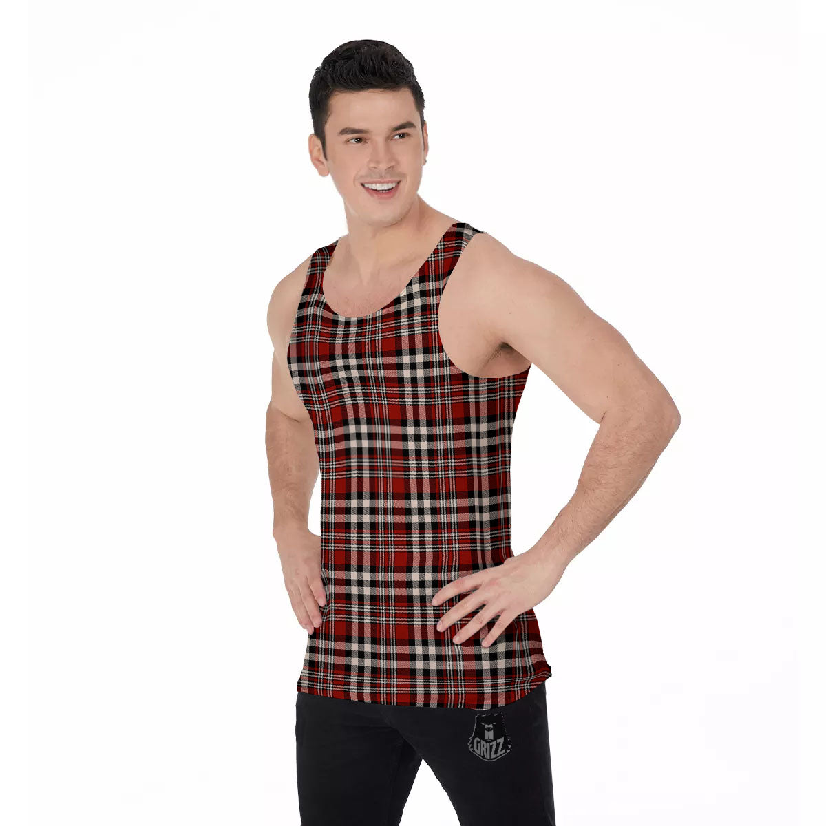 Border Tartan Red Black And White Print Pattern Men's Tank Top-grizzshop