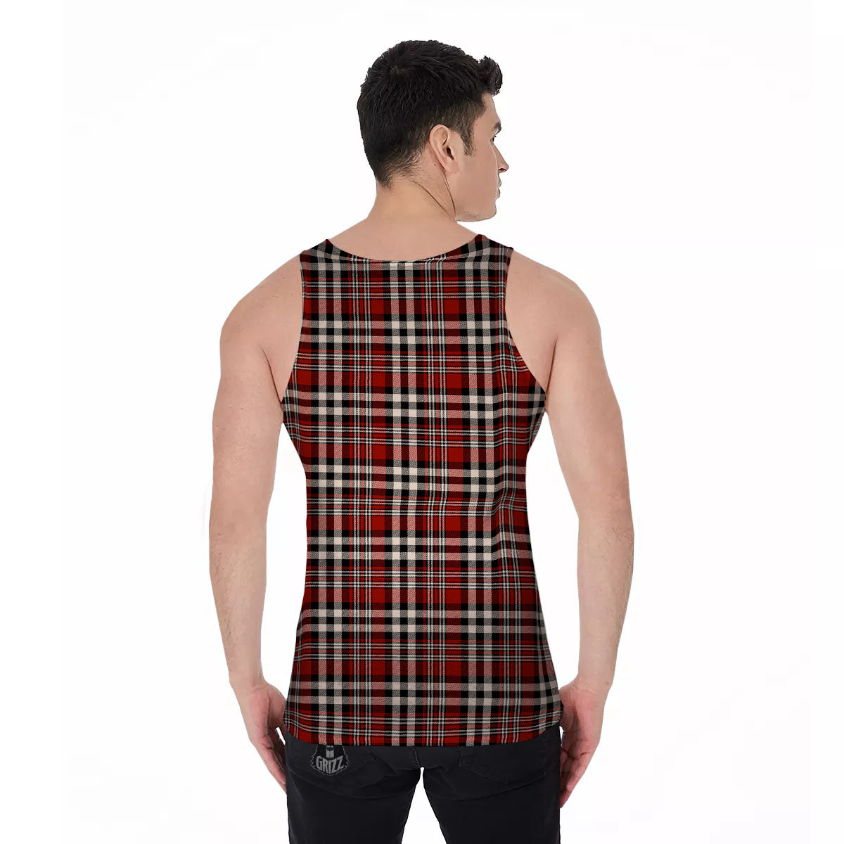 Border Tartan Red Black And White Print Pattern Men's Tank Top-grizzshop