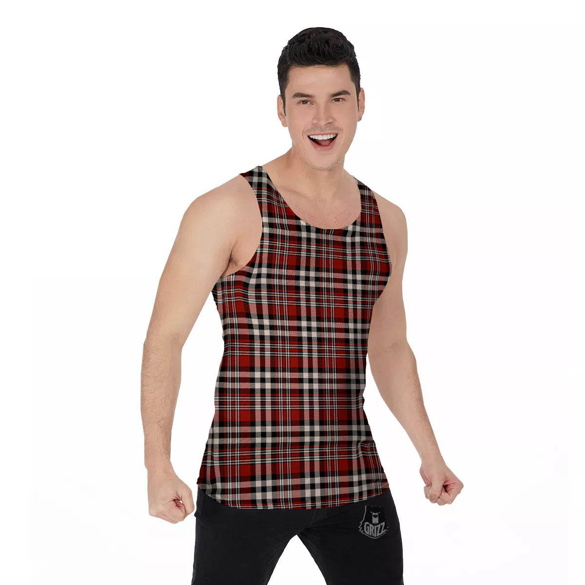 Border Tartan Red Black And White Print Pattern Men's Tank Top-grizzshop