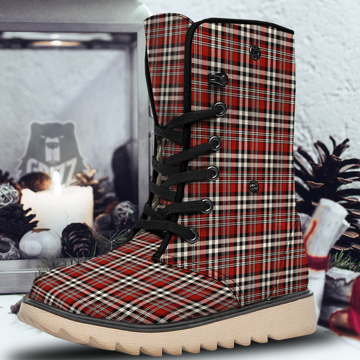 Border Tartan Red Black And White Print Pattern Snow Boots-grizzshop