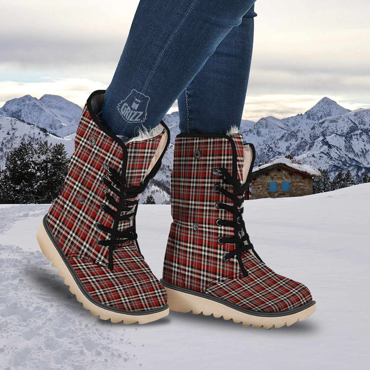 Border Tartan Red Black And White Print Pattern Snow Boots-grizzshop