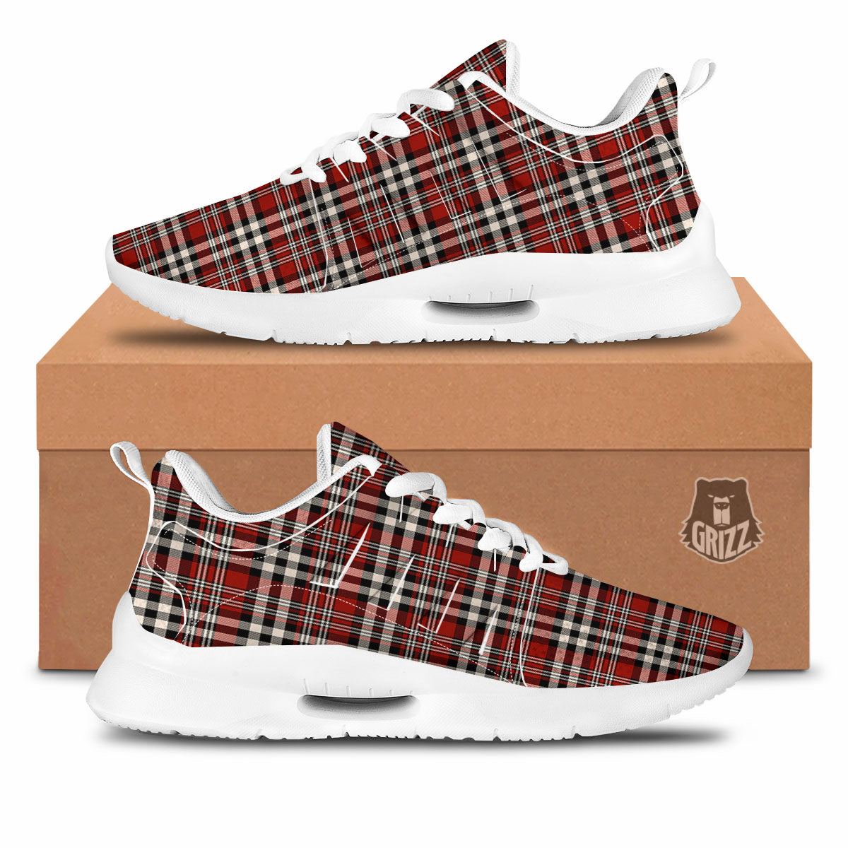 Border Tartan Red Black And White Print Pattern Tennis Shoes-grizzshop