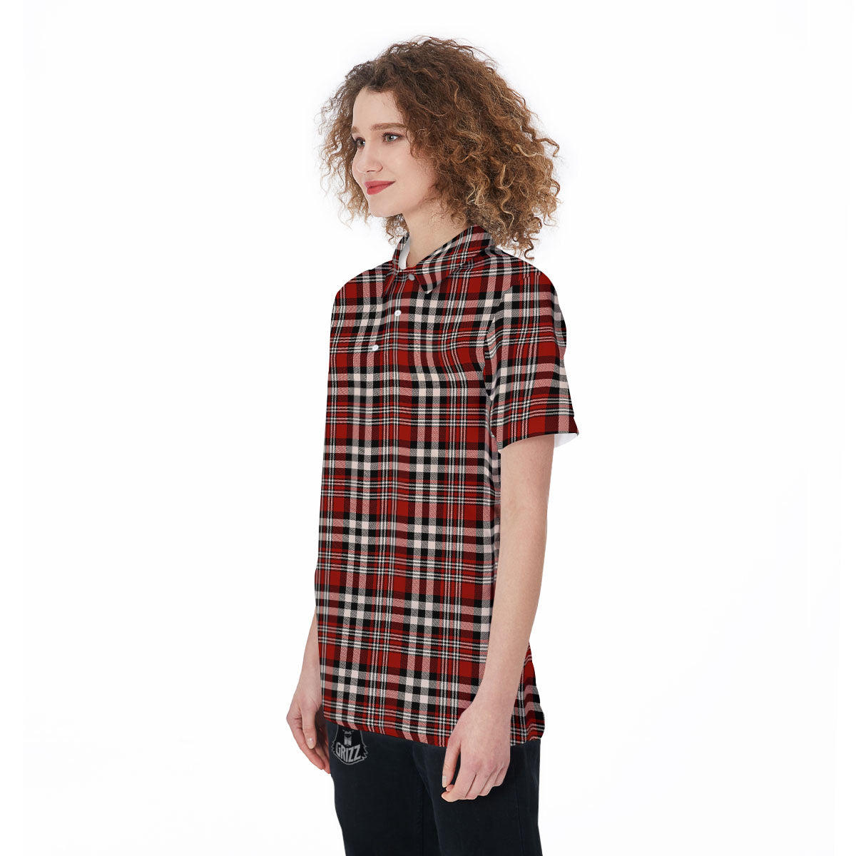 Border Tartan Red Black And White Print Pattern Women's Golf Shirts-grizzshop